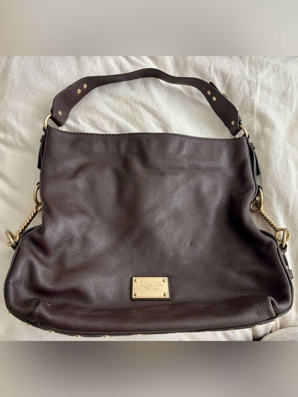 Michael Kors Dark Brown Pebbled Leather Shoulder Bag with Gold Hardware